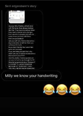 Edgar Obare follower jokingly points out that the suspicious comment is from Milly Chebet